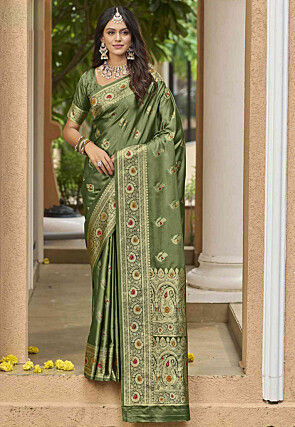 Woven Art Silk Saree in Dusty Green