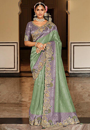 Woven Art Silk Scalloped Saree in Dusty Green
