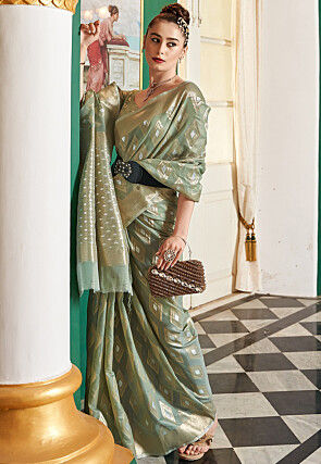 Woven Art Silk Saree in Dusty Green