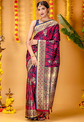 Woven Art Silk Saree in Fuchsia and Dark Blue