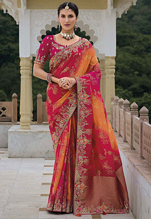 Woven Art Silk Saree in Fuchsia and Orange