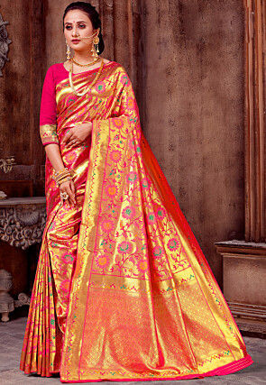 Woven Art Silk Saree in Golden and Pink