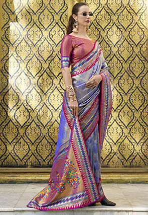 Woven Art Silk Saree in Golden and Purple