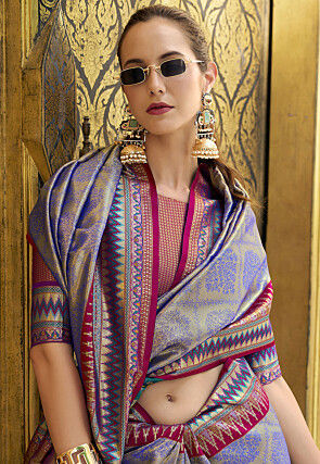 Woven Art Silk Saree in Golden and Purple