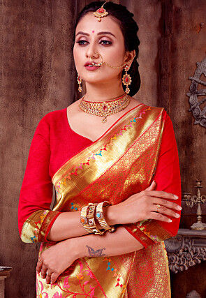 Woven Art Silk Saree in Golden and Red
