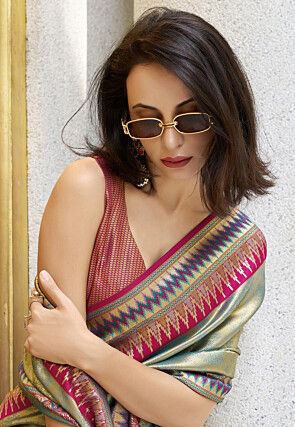 Woven Art Silk Saree in Golden and Teal Green