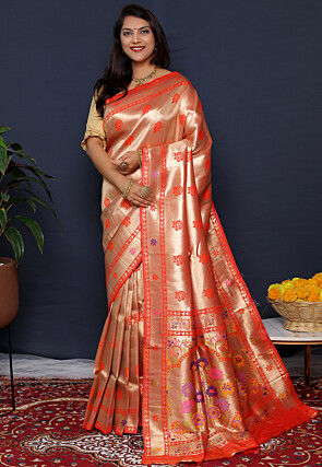 Woven Art Silk Saree in Golden