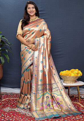Woven Art Silk Saree in Golden