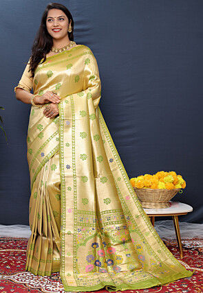 Woven Art Silk Saree in Golden