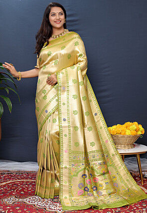 Woven Art Silk Saree in Golden