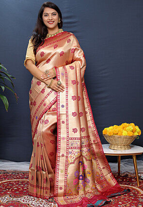 Woven Art Silk Saree in Golden