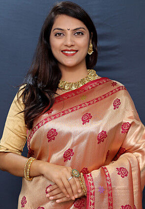 Woven Art Silk Saree in Golden