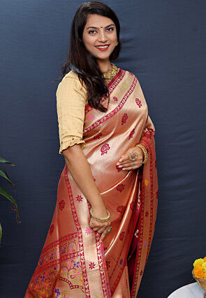 Woven Art Silk Saree in Golden