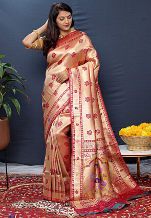 Woven Art Silk Saree in Golden