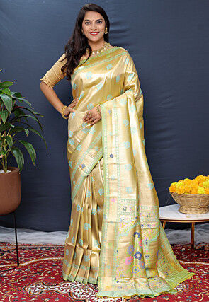 Woven Art Silk Saree in Golden