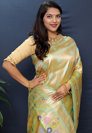 Woven Art Silk Saree in Golden