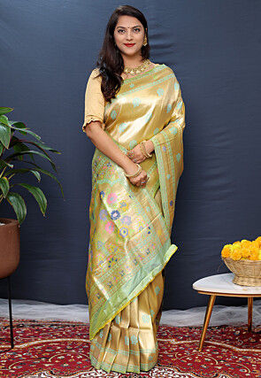 Woven Art Silk Saree in Golden