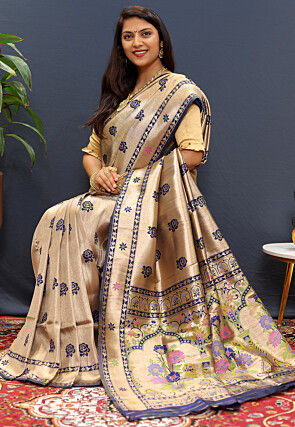 Woven Art Silk Saree in Golden
