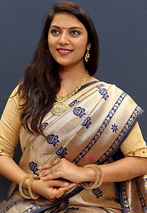 Woven Art Silk Saree in Golden