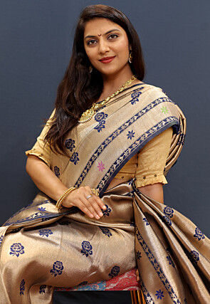 Woven Art Silk Saree in Golden