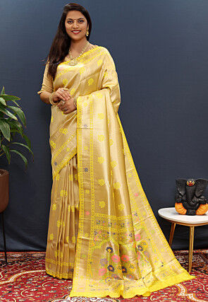 Woven Art Silk Saree in Golden