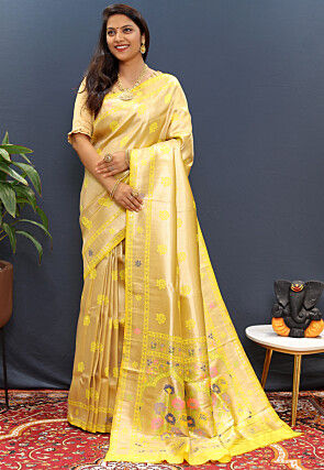 Woven Art Silk Saree in Golden
