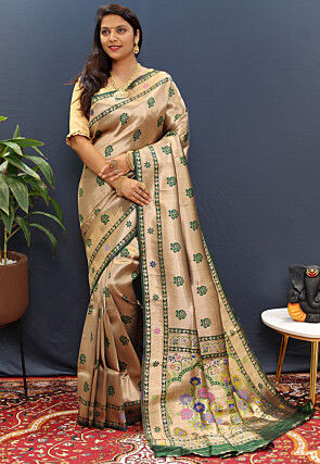 Woven Art Silk Saree in Golden
