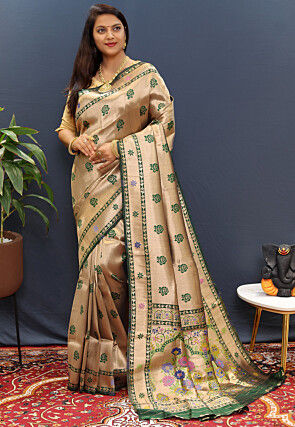 Woven Art Silk Saree in Golden