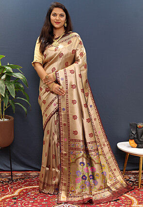 Woven Art Silk Saree in Golden