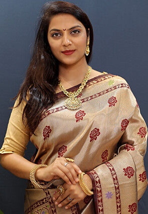Woven Art Silk Saree in Golden