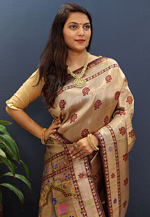 Woven Art Silk Saree in Golden