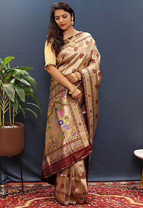 Woven Art Silk Saree in Golden