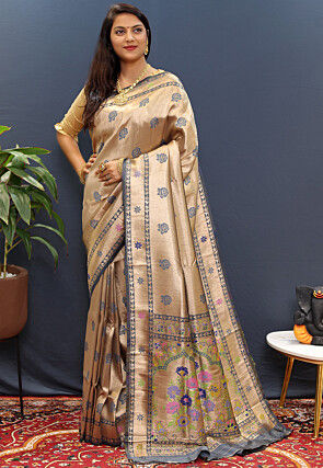 Woven Art Silk Saree in Golden