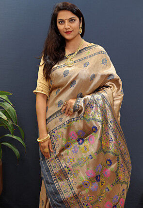 Woven Art Silk Saree in Golden
