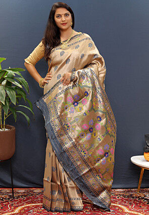 Woven Art Silk Saree in Golden