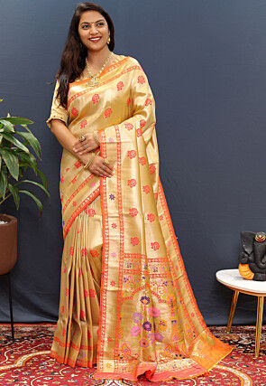 Woven Art Silk Saree in Golden