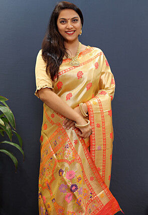 Woven Art Silk Saree in Golden