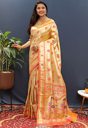 Woven Art Silk Saree in Golden