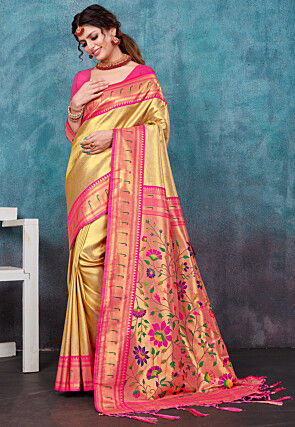 Woven Art Silk Saree in Golden