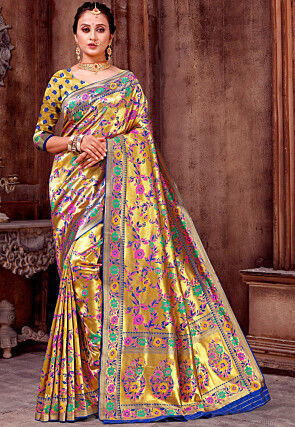 Woven Art Silk Saree in Golden