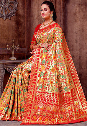 Woven Art Silk Saree in Golden