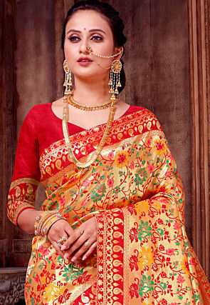 Woven Art Silk Saree in Golden