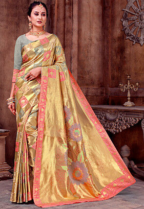Woven Art Silk Saree in Golden