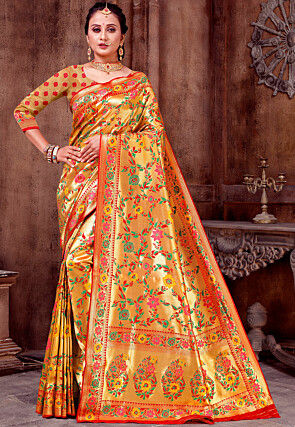 Woven Art Silk Saree in Golden