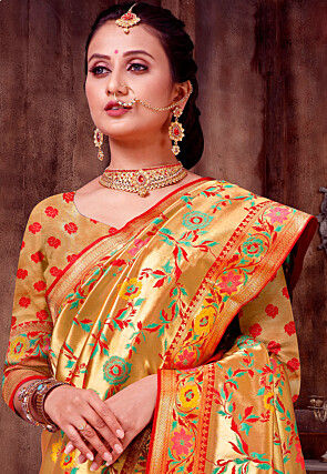 Woven Art Silk Saree in Golden