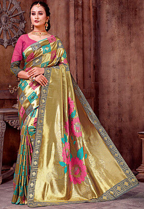 Woven Art Silk Saree in Golden