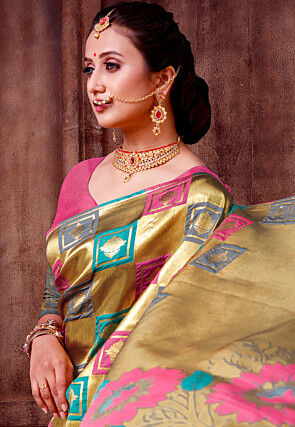 Woven Art Silk Saree in Golden