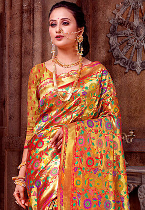 Woven Art Silk Saree in Golden
