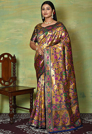 Woven Art Silk Saree in Golden