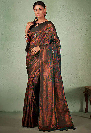 Woven Art Silk Saree in Green and Brown